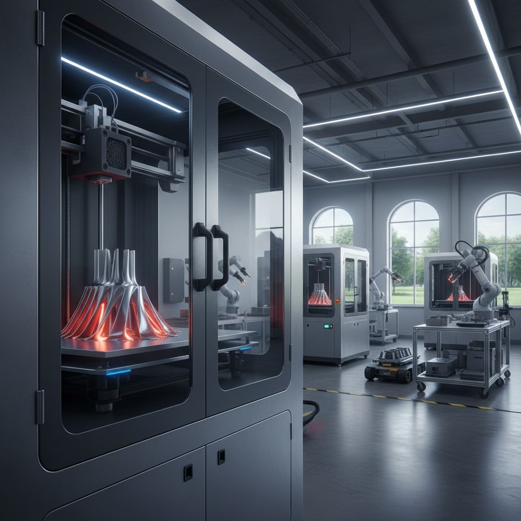 En stor industriell 3D-skrivare i förgrunden som skriver ut ett glödande, skulpterat föremål i en ljus och modern fabrik med flera maskiner i bakgrunden.